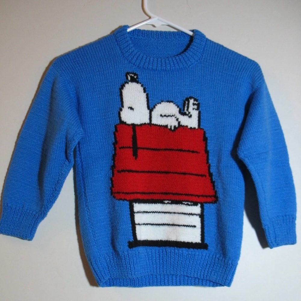 Blue Hand Knit Snoopy Sweater with Red Doghouse Size 5